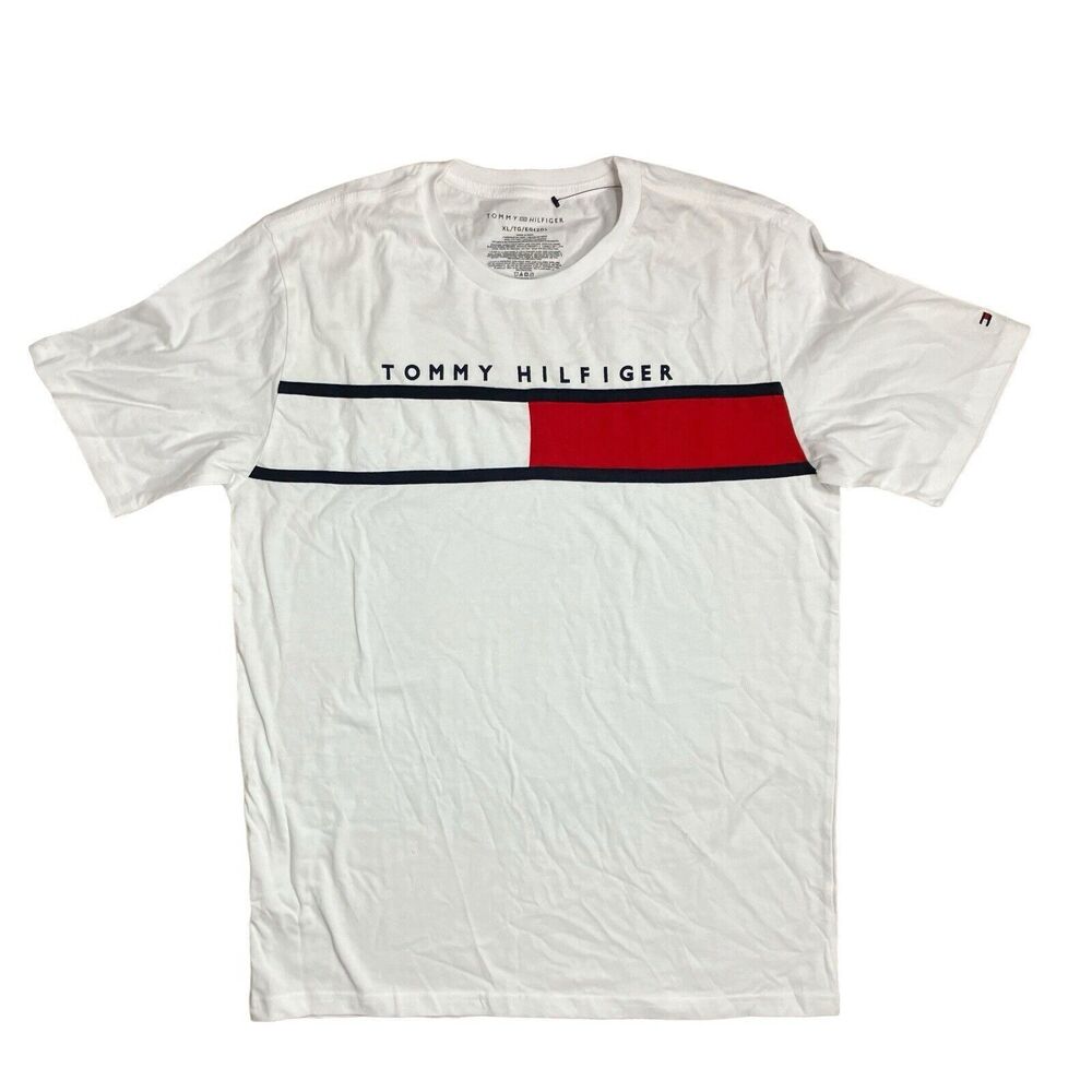 Tommy Hilfiger T Shirt Mens XL White Spell Out Classic Team USA Flag Americana‎